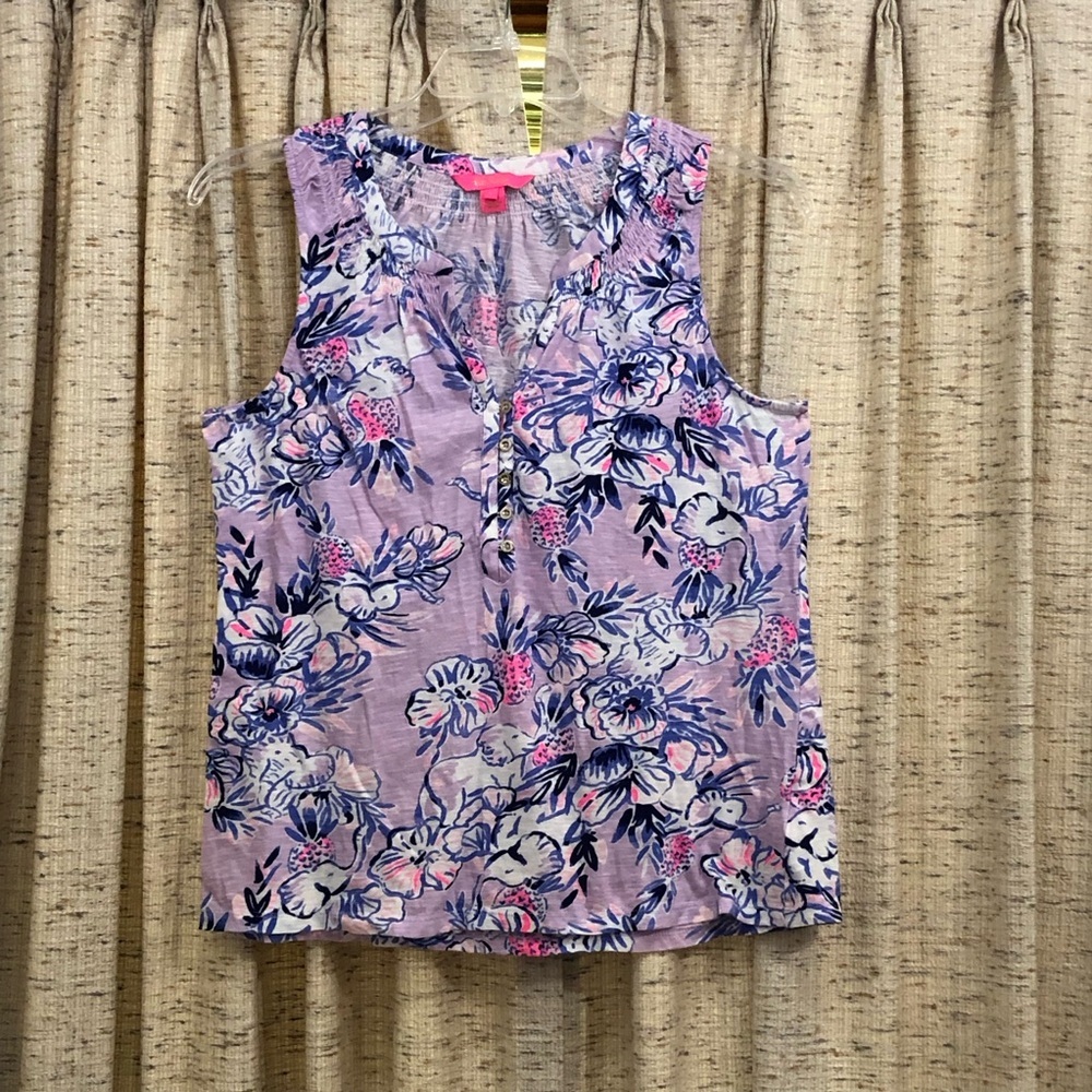 Lilly Pulitzer Essie Purple Floral Smocked Tank Top Size Large